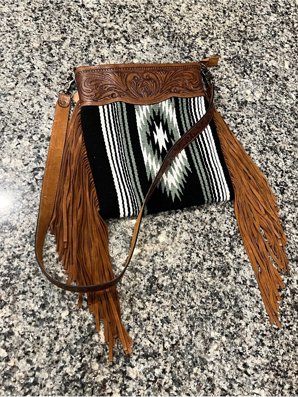 American Darling Hand Tooled Leather Serape Fringe Western Crossbody Brown & Bla